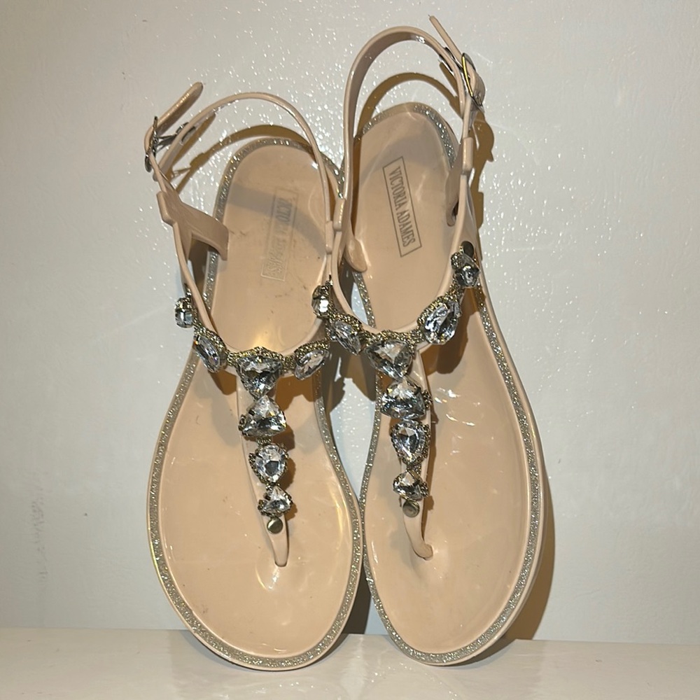 Victoria Adames Women's Beige Sandals with silver accents and rhinestones size 8